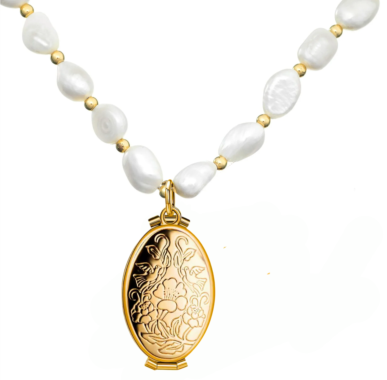 ¡Nuevo Producto!Relicario ovalado con collar de perlas para 4 fotos