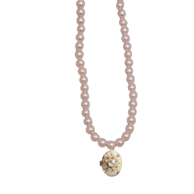 Relicario collar  de perlas rosas con dije especial ovalado rosa con blanco