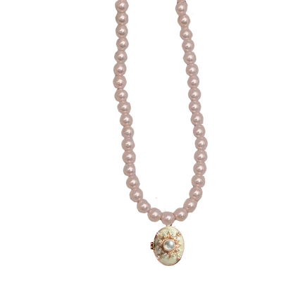Relicario collar  de perlas rosas con dije especial ovalado rosa con blanco