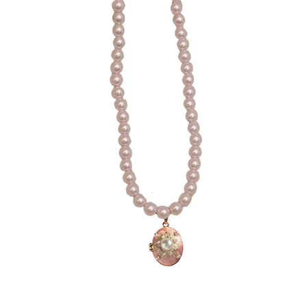 Relicario collar  de perlas rosas con dije especial ovalado rosa