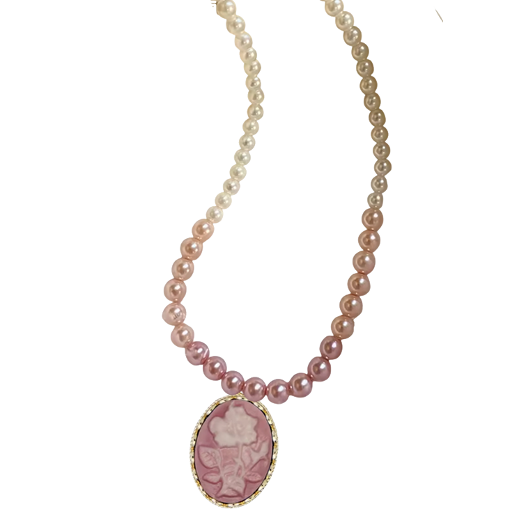 Collar relicario de perlas degrado en rosa con camafeo y foto